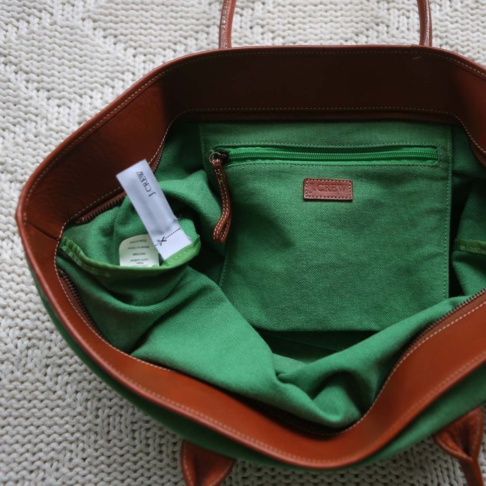 J. Crew Canvas LeatherTote Bag Green Brown EUC - Picture 5 of 11